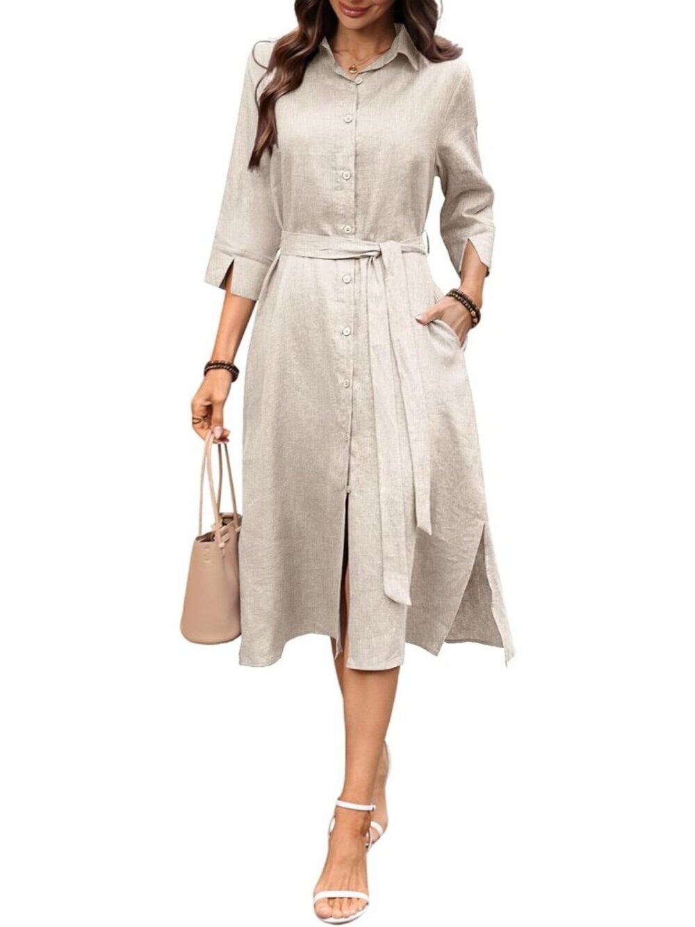 Chic 100% Linen Midi Dress with Slit, 3/4 Sleeves, Collar, Belt & Pocket